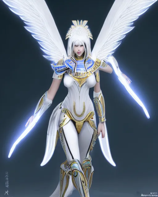 Image similar to perfect ornate white haired attractive egyptian goddess with huge white dove wings, warframe armor, beautiful, symmetric, dreamy, half asian, pretty face, blue eyes, detailed, scifi platform, laboratory, experiment, 4 k, ultra realistic, epic lighting, android body, illuminated, cinematic, masterpiece, art by akihito tsukushi, voidstar