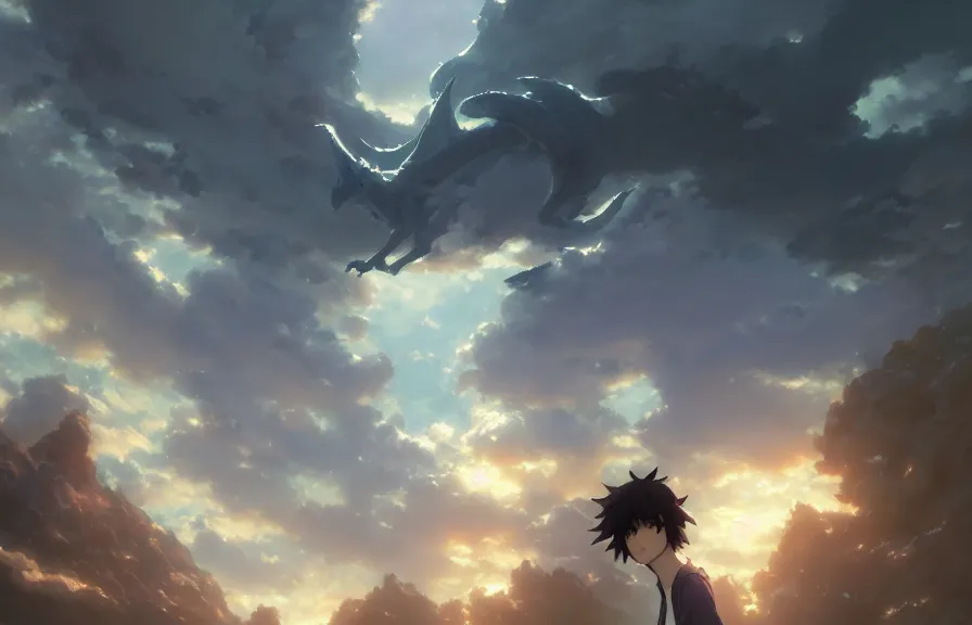 Image similar to makoto shinkai concept art of the cloud dragon dimension, key visual, ambient lighting, highly detailed, digital painting, artstation, concept art, sharp focus, by makoto shinkai and akihiko yoshida and hidari and wlop and greg rutkowski