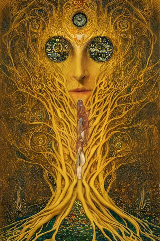 Image similar to Tree of Life by Karol Bak, Jean Deville, Gustav Klimt, and Vincent Van Gogh, mysterious, sacred geometry, Surreality, radiant halo, otherworldly, enigma, fractal structures, celestial, arcane, ornate gilded medieval icon, third eye, spirals