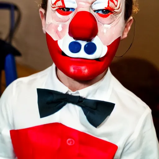 Prompt: Hannibal Lector as a clown at a kids birthday party