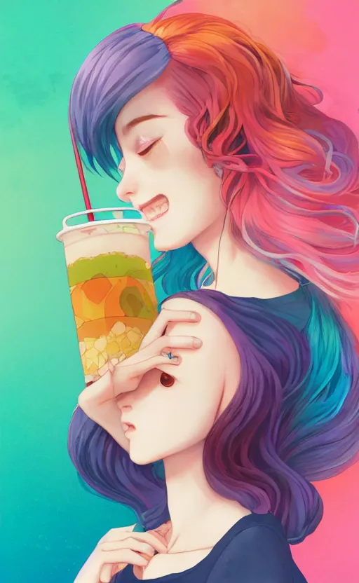 Image similar to a kawaii woman with rainbow hair, happy, summer time, holding boba tea drink, soft eyes and narrow chin, dainty figure, long hair straight down, kawaii shirt and jeans, basic white background, In style of by Jordan Grimmer and greg rutkowski, crisp lines and color