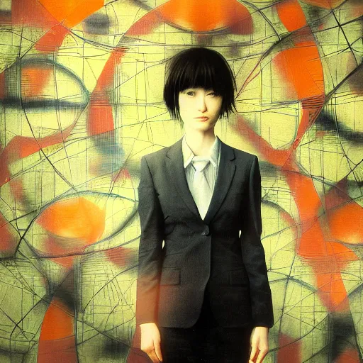 Image similar to yoshitaka amano blurred and dreamy realistic three quarter angle portrait of a young woman with short hair and black eyes wearing office suit with tie, junji ito abstract patterns in the background, satoshi kon anime, noisy film grain effect, highly detailed, renaissance oil painting, weird portrait angle, blurred lost edges