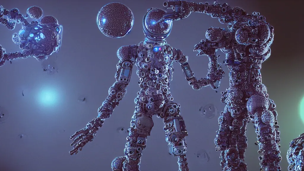 Image similar to a cybernetic symbiosis of a single astronaut mech-organic eva suit made of pearlescent wearing knitted shiny ceramic multi colored yarn thread infected with diamond 3d fractal lace iridescent bubble 3d skin dotted covered with orb stalks of insectoid compound eye camera lenses floats through the living room, film still from the movie directed by Denis Villeneuve with art direction by Salvador Dalí, wide lens,kevlar,carbon fiber,ceramics,gaseous materials,