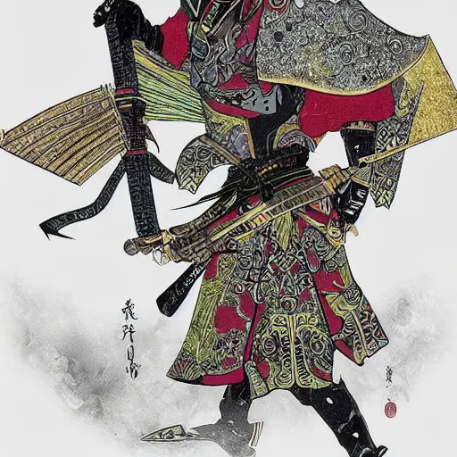 Prompt: fantasy art illustrated samurai dressed in hummingbird themed armor