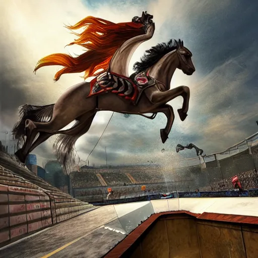 Image similar to roman horse with chariot racer high jumping in a skate park half-pipe, video game cover, intense, high detail, crowd cheering, Tony Hawk