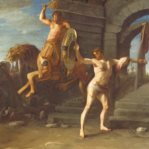 Image similar to a victorious roman gladiator in the arena one feet on top of a defeated lion