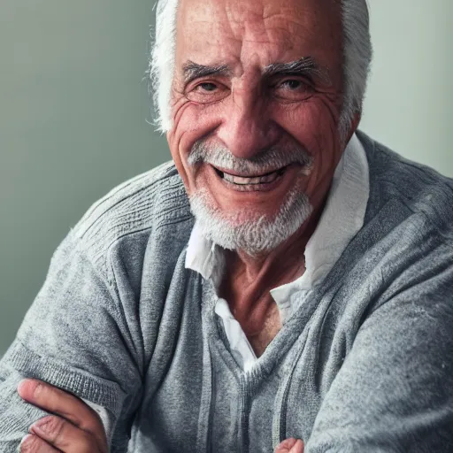 Prompt: high detail, macro portrait photo, an older italian man with green eyes and salt and pepper hair, smiles at the camera, set in a candlelit room, shot using a zeiss supreme prime lens
