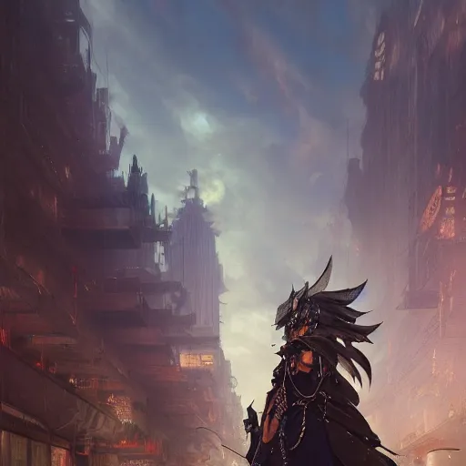 Image similar to a portrait painting of sephirot from final fantasy 7, midgard steam punk city as backdrop, by greg rutkowski, artgerm, wlop, ruan jia, krenz cushart, alphonse mucha, marble, gold, unreal engine 5