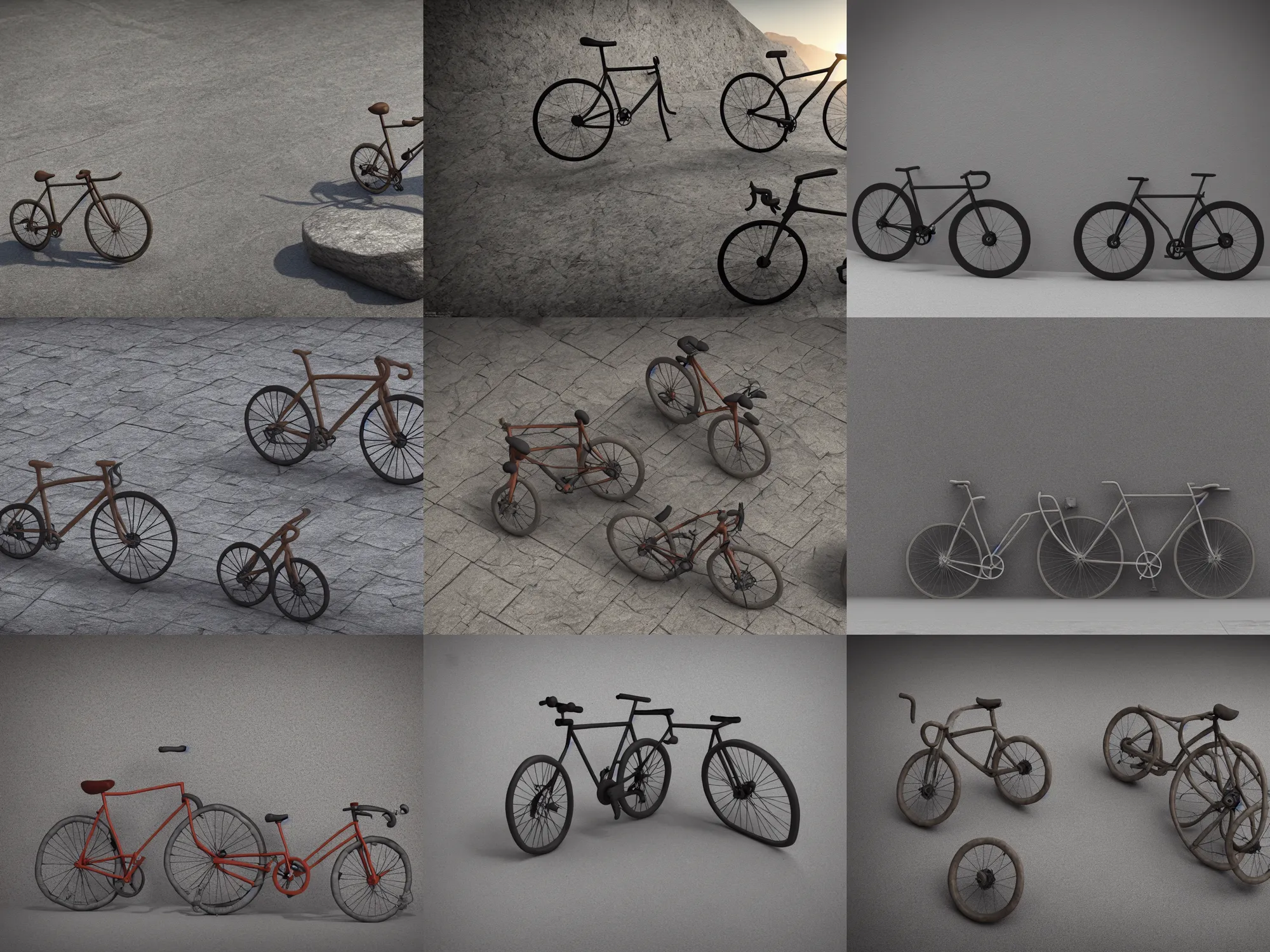 Prompt: render of a large sport bicycle made of hard stone, sculpted rock pedestal, natural light, octane render,