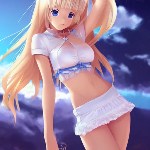 Prompt: tiny father a detailed tall daughter picture : a detailed very beautiful young blond anime girl, detailed sky blue eyes, bikini, white miniskirt, highly detailed, cinematic wallpaper by stanley artgerm lau