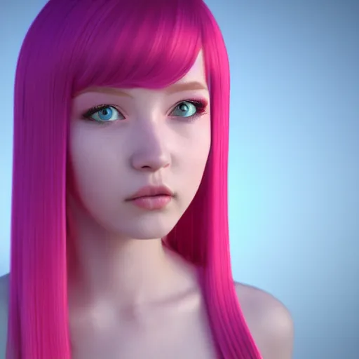 Image similar to A 3d cgi toon young woman with long pink hair, full bangs, amber eyes, pale skin, Chinese, medium shot, mid-shot, soft focus, 4k, trending on artstation