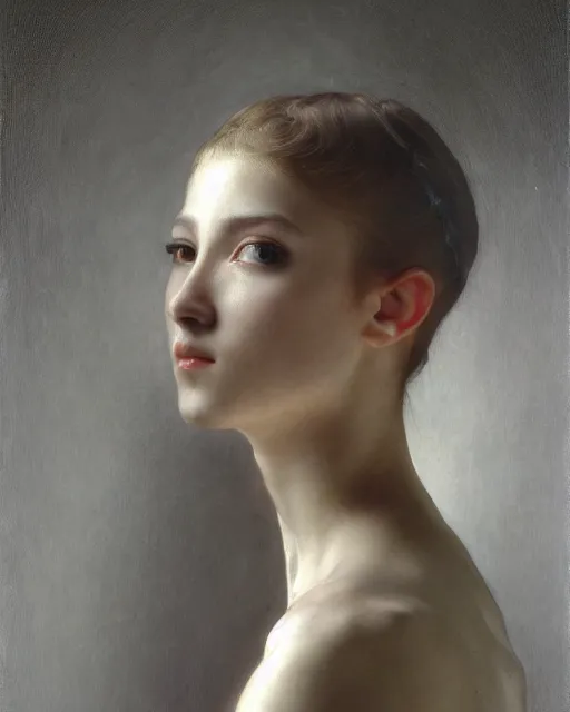 Prompt: 3 / 4 portrait photo by bouguereau of female dancer as a cyberpunk mecha humanoid robotic parts with straight bright led lights over neck, inside white room, ultra - realistic and detailed, 8 k