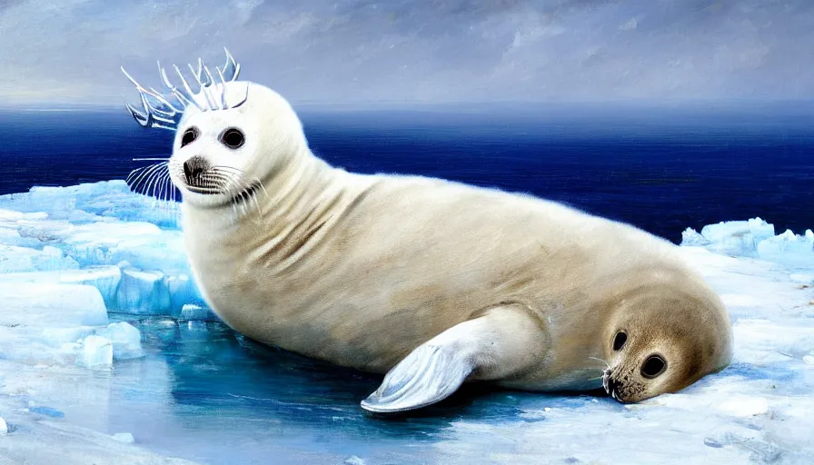 Image similar to highly detailed painting of cute furry white baby seal with antlers cuddling into each other on a blue and white iceberg by william turner, by greg rutkowski, by william constable, thick brush strokes and visible paint layers, 4 k resolution