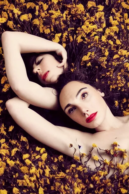 Image similar to full body fine art photo of the beauty gal gadot, she is lying down and covered by dried flowers, taken by oleg oprisco