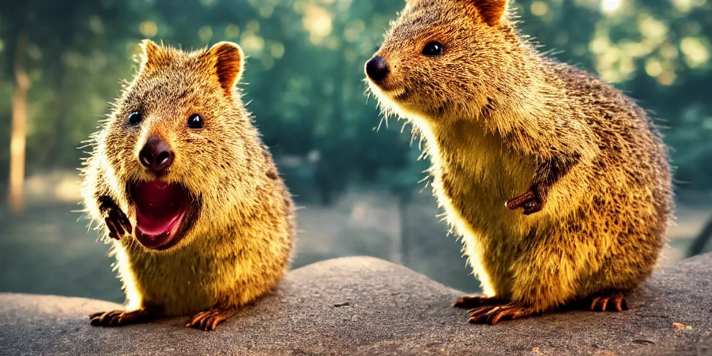 Prompt: Portrait of a happy quokka, splash art, movie still, cinematic lighting, dramatic, octane render, long lens, shallow depth of field, bokeh, anamorphic lens flare, 8k, hyper detailed, 35mm film grain