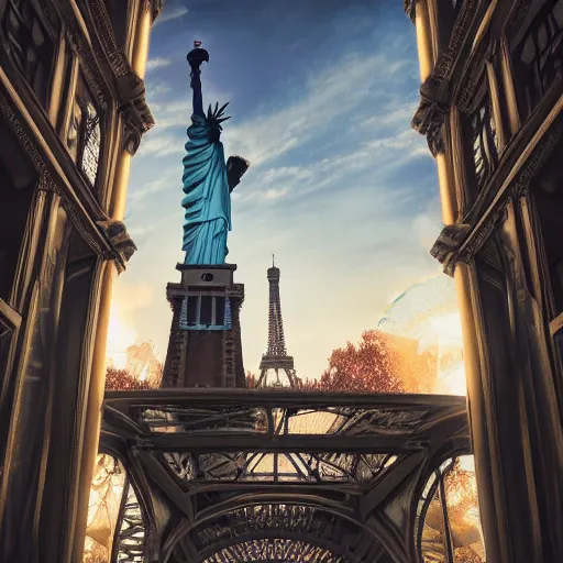 Image similar to Big city, The Statue of Liberty, Eiffel Tower, London Big Ben, photorealism, wide angle, concept art, cinematic atmosphere, elaborate, highly detailed, ornate, shiny, dramatic lighting, octane render, 4k, by Peter Kemp
