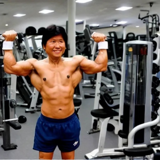 Image similar to A very muscular BongBong Marcos flexing in the gym