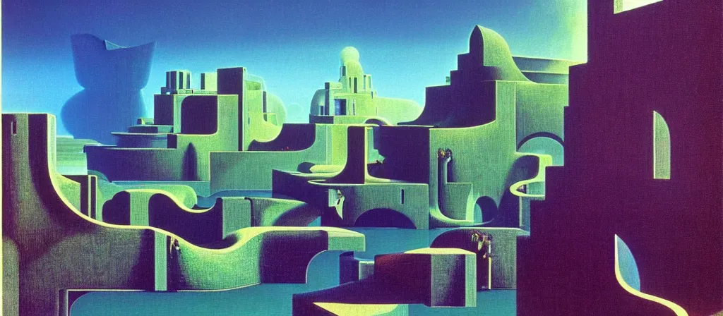 Prompt: huge gargantuan angular dimension of infinite liminal spaces, buildings by escher and ricardo bofill. utopian landscape by roger dean. magical realism, surrealism, waterfalls, clouds, mallsoft, vaporwave, shot from below, epic scale