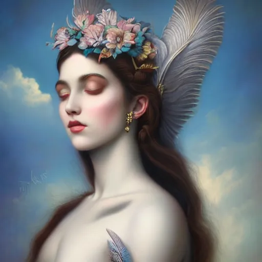 Image similar to cosmic young goddess of feathers by tom bagshaw