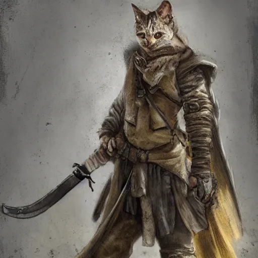 Image similar to a high detail shot of a dirty, homeless cat wearing rags, holstering sword, realism, 8 k, fantasy, d & d, concept art