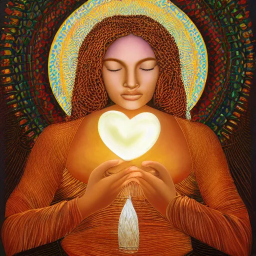 Image similar to a painting of a woman holding a glowing golden heart in the water, an acrylic on canvas painting by amanda sage and magali villenueve, louvre contest winner, gold foil