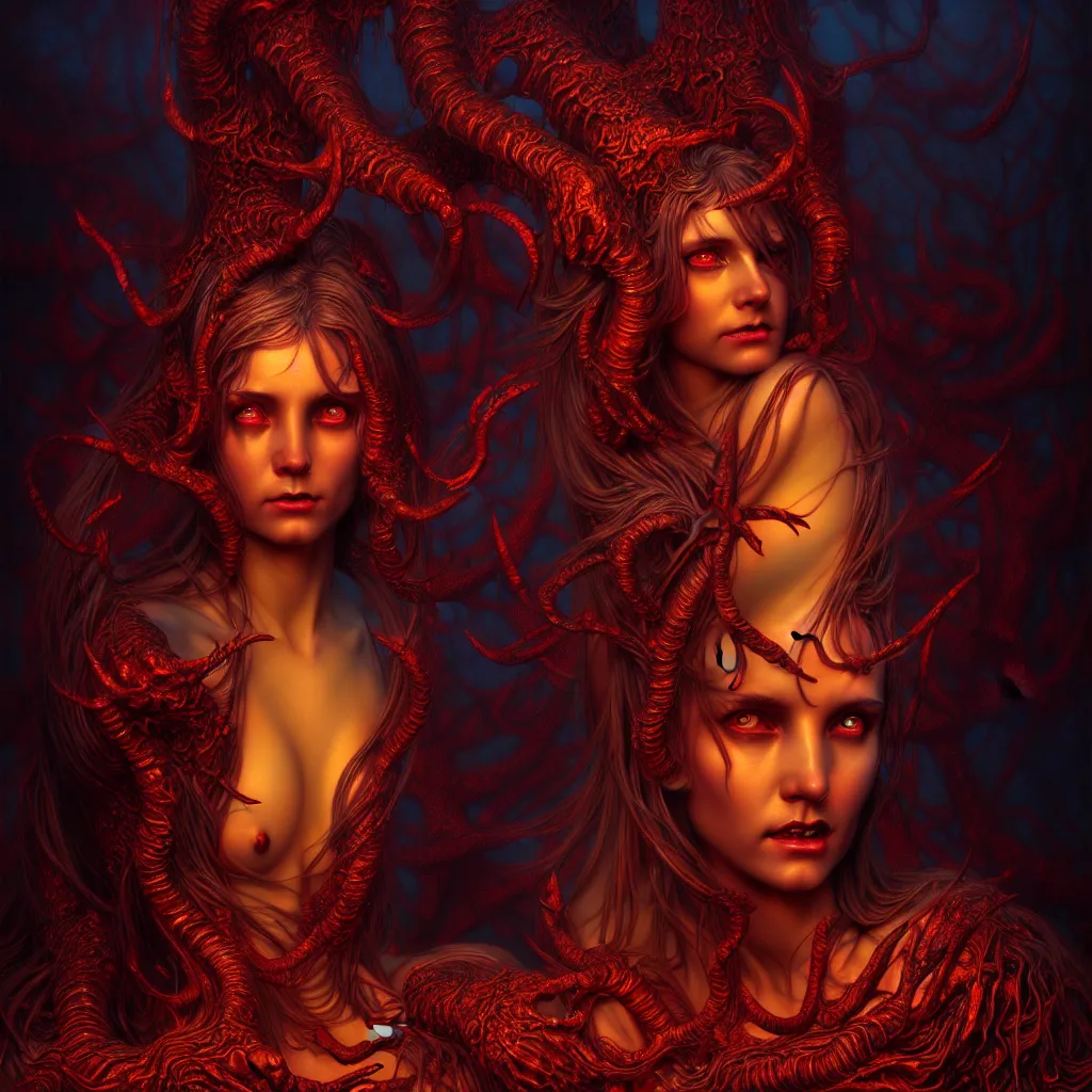 Image similar to Photorealistic beautiful demon goddess in the style of Michael Whelan and Gustave Dore. Hyperdetailed photorealism, 108 megapixels, amazing depth, glowing rich colors, powerful imagery, psychedelic Overtones, 3D finalrender, 3d shading, cinematic lighting, artstation concept art