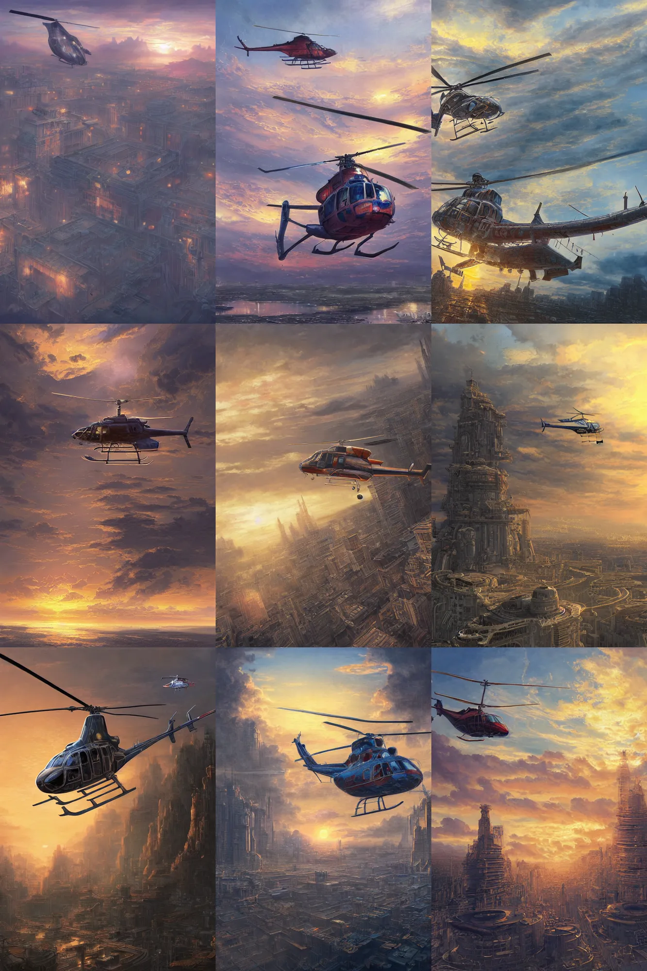 Prompt: a helicopter is flying around the highly detailed empire buidling, sunset lighting, by yoshitaka amano, hiroshi yoshida, painterly, ultra detailed, sunset light, digital art, concept art, illustration