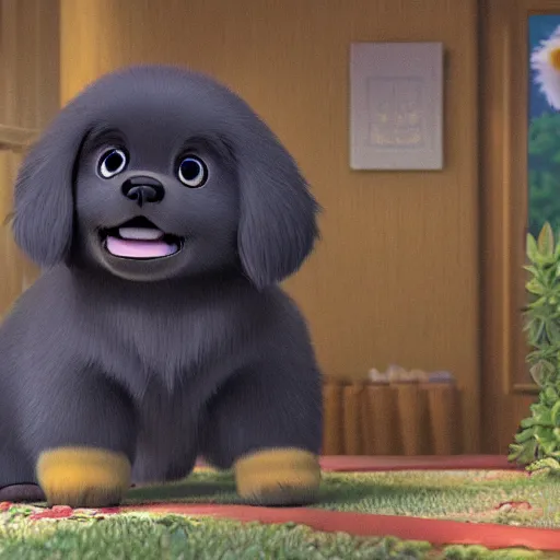 Image similar to a wholesome animation key shot of black tibetan spaniel, studio ghibli, pixar and disney animation, dramatic lighting