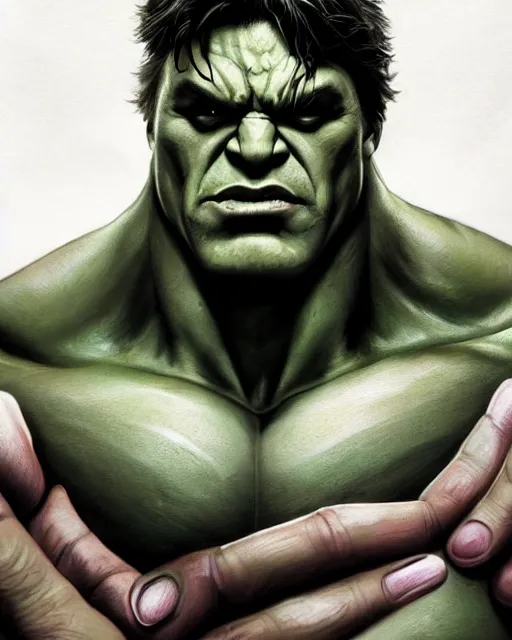 Prompt: incredible hulk, portrait, fantasy art, in the style of artgerm, illustration, epic, fantasy, intricate, hyper detailed, artstation, concept art, smooth, sharp focus, ray tracing, vibrant, photorealistic, simon bisley, fabry glenn