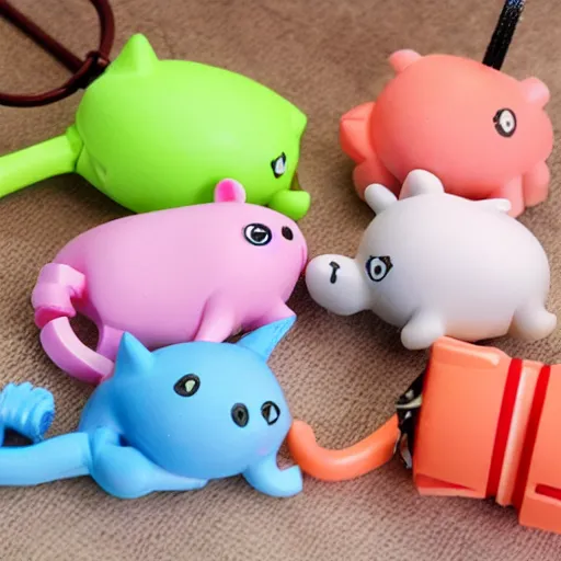 Image similar to some cute plastic toys that look like animal characters hanging from a backpack on a keychain, pastel colors