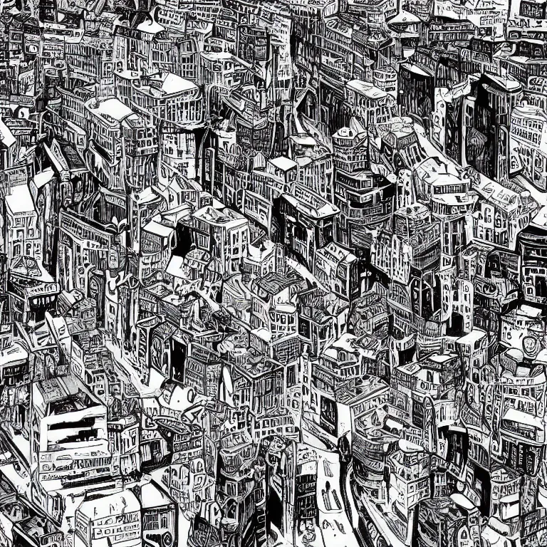 Prompt: a city literally built on rock and roll, trippy black and white comic art