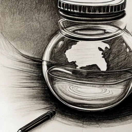 Prompt: planet earth inside an apothecary jar on a desk, pencil drawing, detailed