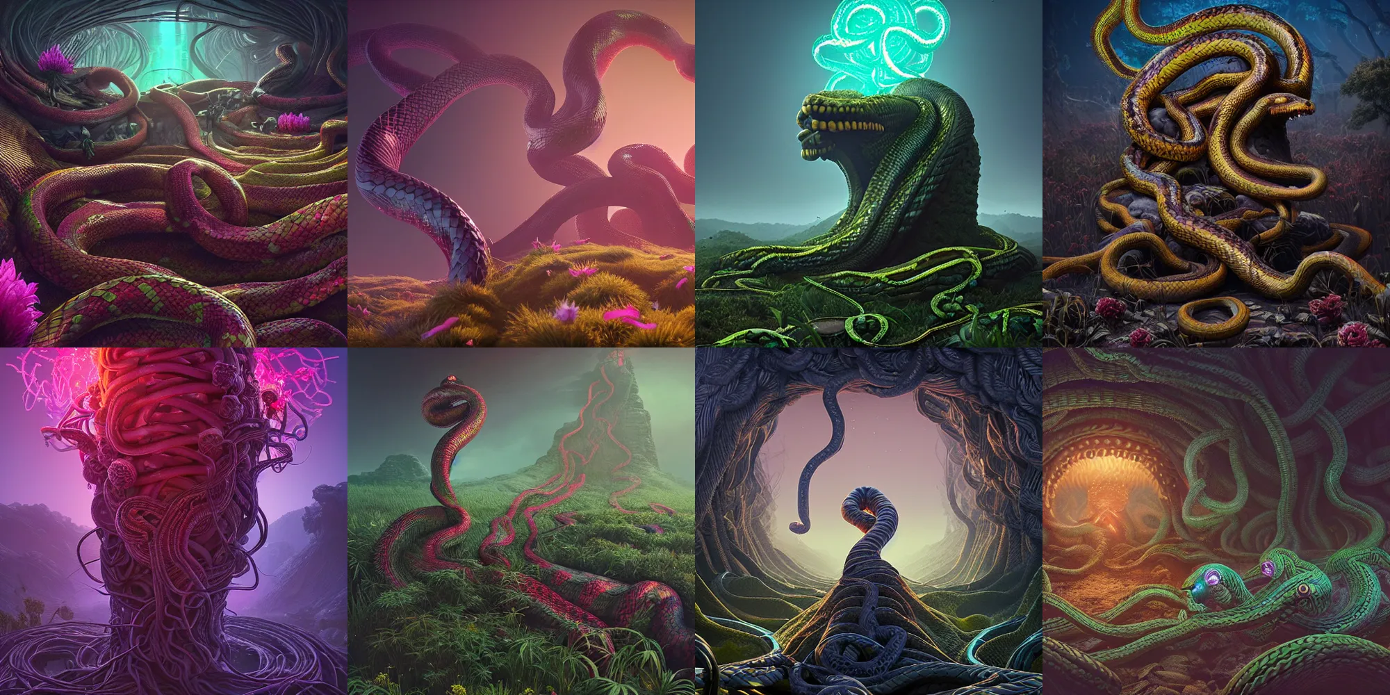 Prompt: beautiful dark landscape, medusa gorgon head highly detailed snakes, beautiful flowers growing in the style of beeple and mike winkelmann, intricate, epic lighting, cinematic composition, hyper realistic, 8 k resolution, unreal engine 5,