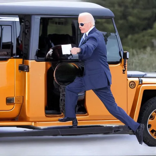 Prompt: Joe Biden carrying a Jeep mounted rifle, AP photography, full body shot, dynamic pose