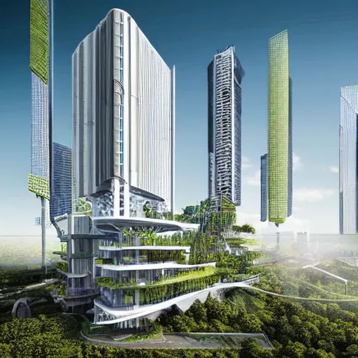 Prompt: realistic render of a sustainable future world with well designed buildings with intricate detailled