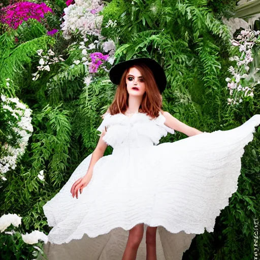 Image similar to wearing raybands wall full body fashion model emma watson smokey eyes makeup eye shadow fantasy, glow, shimmer as victorian woman in a long white frilly lace dress and a large white hat having tea in a sunroom filled with flowers, roses and lush fern flowers ,intricate, night, highly detailed, dramatic lighting , high quality