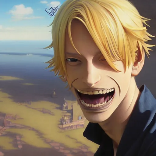 Image similar to highly detailed vfx portrait of serene sanji by eiichiro oda, blonde hair, stephen bliss, greg rutkowski, rhads, makoto shinkai, tom bagshaw, alphonse mucha, sharp focus, art by artgerm, greg rutkowski, stanley kubrick, backlit, harsh overhead sunlight, matte, johannes vermeer,