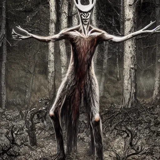 Image similar to trail cam footage of a wendigo, horror, hyper realistic, photorealistic, highly detailed