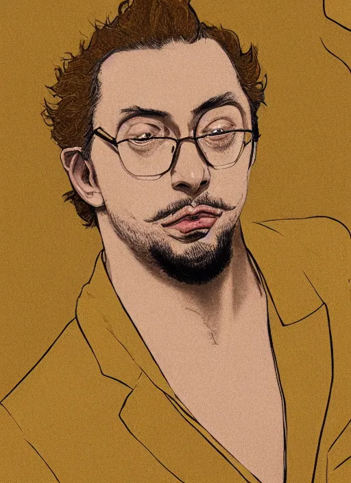 Prompt: Sam Hyde in gold suit, sigma male, accurately portrayed, portrait art by Hokusai, highly detailed, digital painting, concept art, illustration, dim lighting with twilight rays of sunlight, trending on artstation, very detailed, smooth, sharp focus, octane render, close up