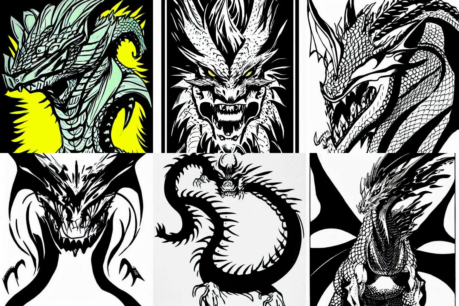 Prompt: beautiful Minimalistic angry dragon portrait in ink comic book style drawn by frank miller