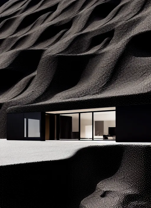 Prompt: tall black geometric house, embedded in lava cliff, full view, black house, molten metal house, minimal, rippled white landscape, dwarven architecture, light from molten iron, octane render, hyper realistic, 8 k, octane render,