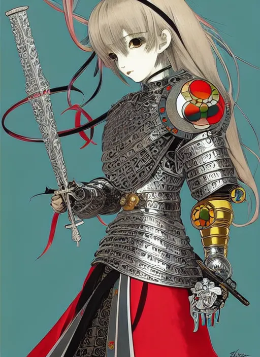 Image similar to takashi murakami, ilya kuvshinov, anime female knight in. ornate armor by, last exile, murata range, fine detail, perfect, dramatic lighting, dynamic composition, art deco, cel shading, vivid, rich texture, alphonse mucha, ( ( ( colorful ) ) ), ( ( ( yoshinari yoh ) ) ),