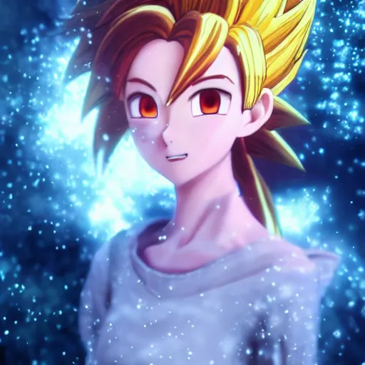 Prompt: portrait focus of Super Saiyan beautiful 3D anime girl!!! Frozen ice!! dark forest background, snowing, bokeh, inspired by Masami Kurumada, digital painting, high contrast, unreal engine render, volumetric lighting, high détail