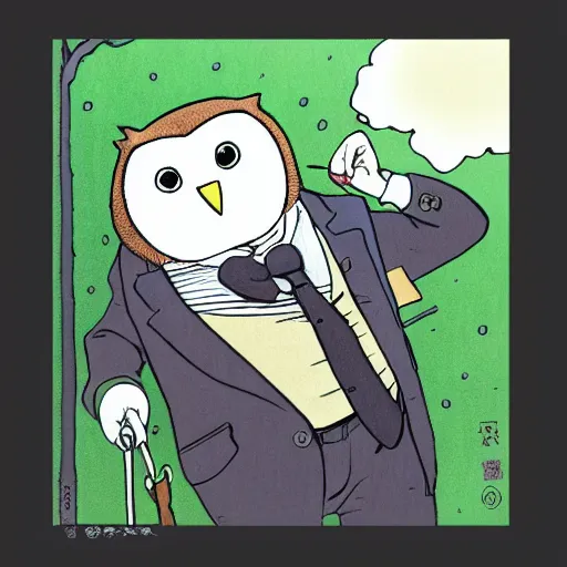 Image similar to barn owl in a black suit wearing an office bag going to the office,drawn by Hayao Miyazaki and Beatrix Potter, highly detailed,anime, anime shot,anime colours, inspired by My Neighbor Totoro 1988,cell shading