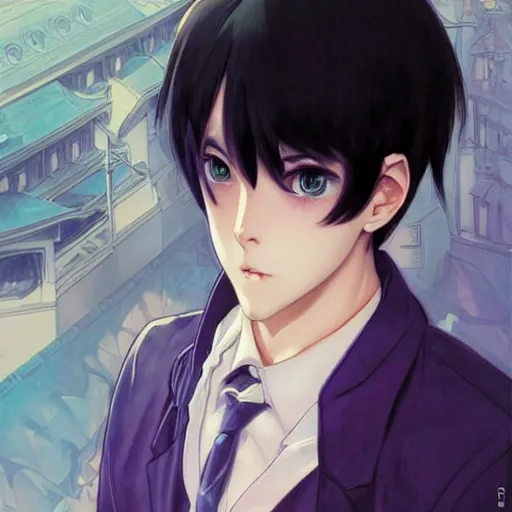 anime boy with black hair and purple eyes