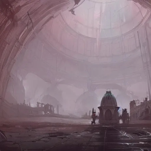 Image similar to concept art by greg rutkowski, a large inner garden under a great dome, desolate, covered in reddish slime on all sides, uncanny atmosphere, low light, scary atmosphere, scifi, highly detailed portrait, digital painting, artstation, concept art, smooth, sharp foccus ilustration, artstation hq