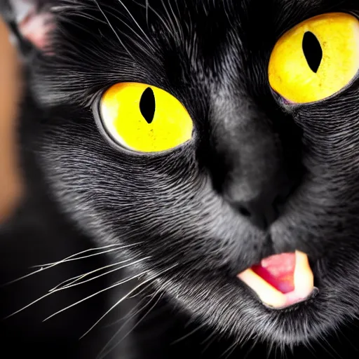 Prompt: black cat with big yellow eyes gazing at the camera with open mouth, 4 k, blurred background, uncanny