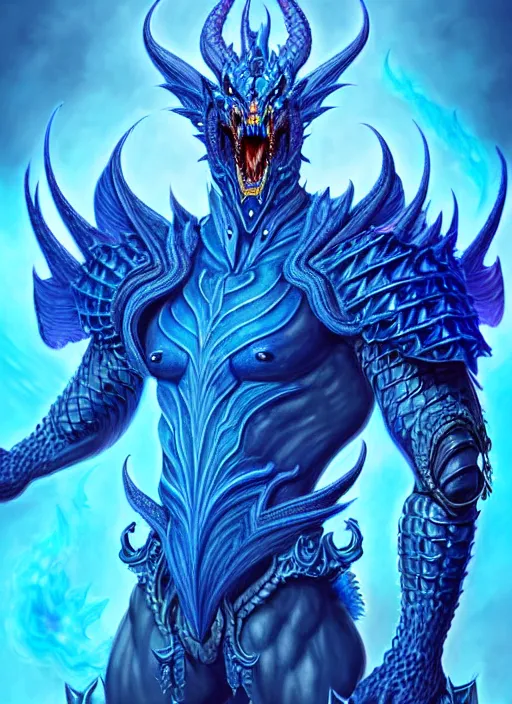 Image similar to muscular and tall blue ghostly fire humanoid dragon!!!! draconian!! intricate ornate iridescent heavy armor!! character concept art, sharp focus, octane render! unreal engine 5! highly rendered!! trending on artstation!! detailed linework!! illustration by artgerm, wlop, and chie yoshii