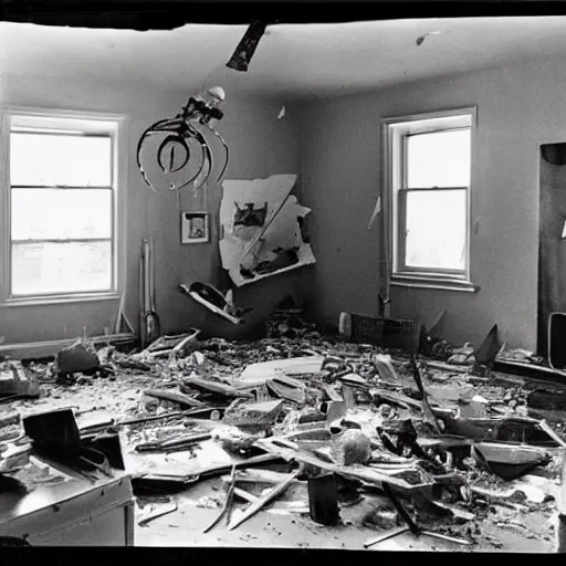 Image similar to The kinetic sculpture shows a scene of total destruction. A room has been completely wrecked, with furniture overturned, belongings strewn about, and debris everywhere. The only thing left intact is a single photograph on the wall. This photograph is the only evidence of what the room once looked like. It shows a tidy, well-appointed space, with everything in its place. The contrast between the two images is stark, and it is clear that the destruction was complete and absolute. ceramic bust by David Driskell rich
