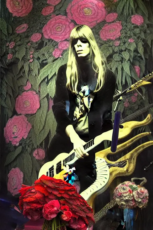 Prompt: the velvet underground and nico playing live on stage at a night club, beautiful stage decoration with flowers in the background, painting by ivan shishkin and james jean, very detailed and toned down and ornamental and moody and cool and relaxed and high on drugs, tasteful colors, trending on artstation, behance contest winner